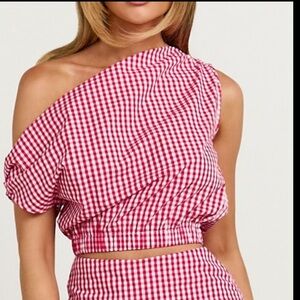 Showpo Red and White Asymmetrical Puff Sleeve Crop Top